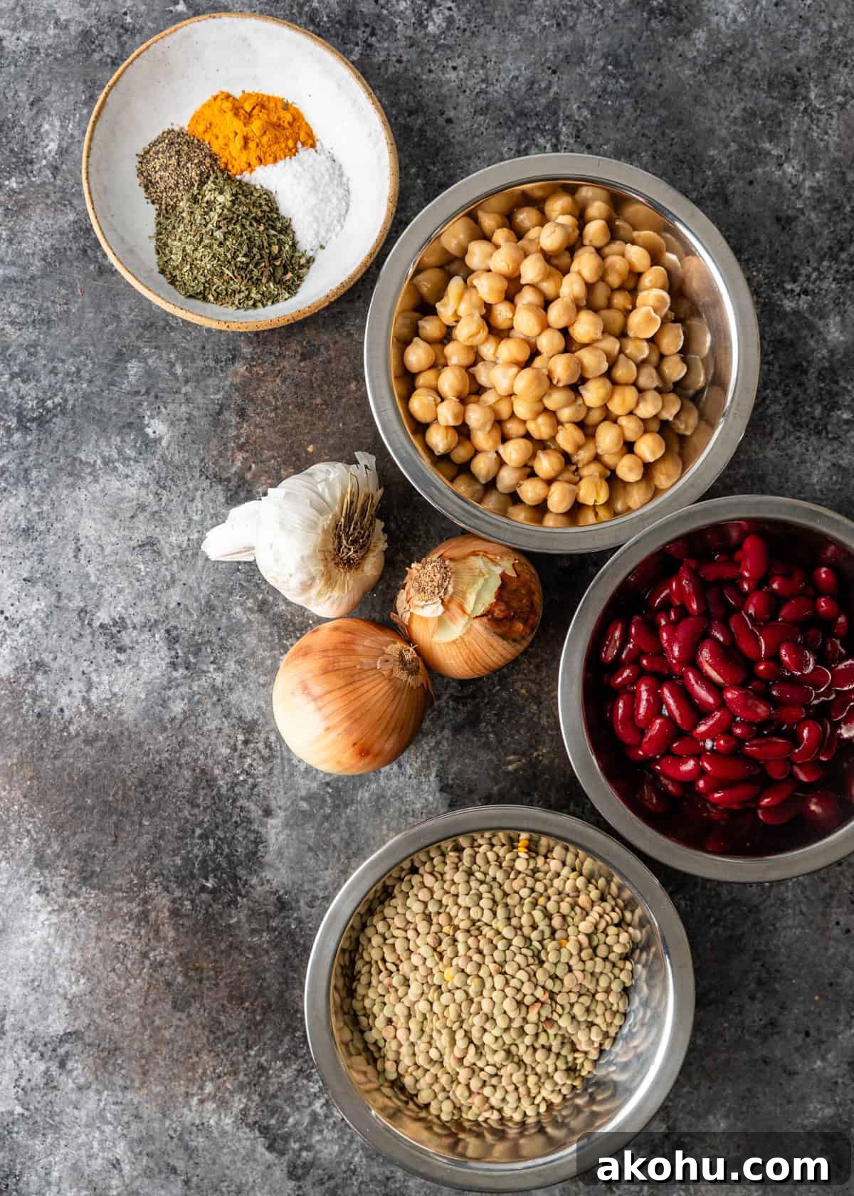 overhead: ingredients for my ash reshteh recipe in small bowls