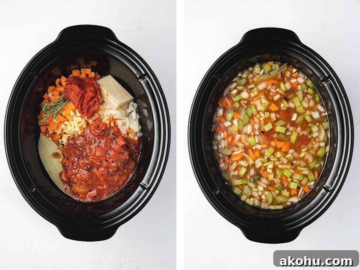 Set of two photos showing ingredients all added to a crockpot.