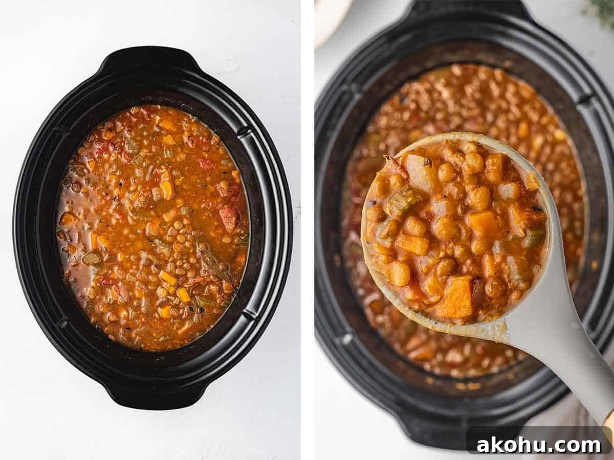 Set of two photos showing lentil soup in the slow cooker and a spoonful lifting up in front of it.