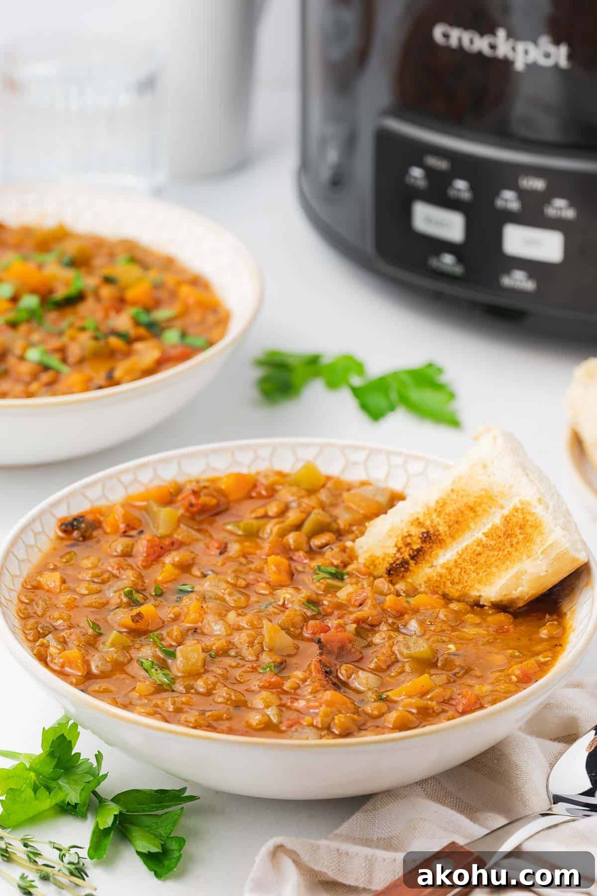 A bowl of slow cooker lentil soup with a piece of bread sticking out of it.