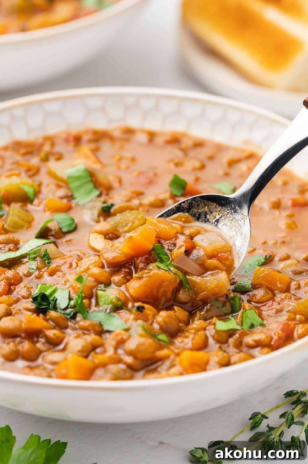 Close up view of a spoon lifting from a bowl of slow cooker lentil soup.