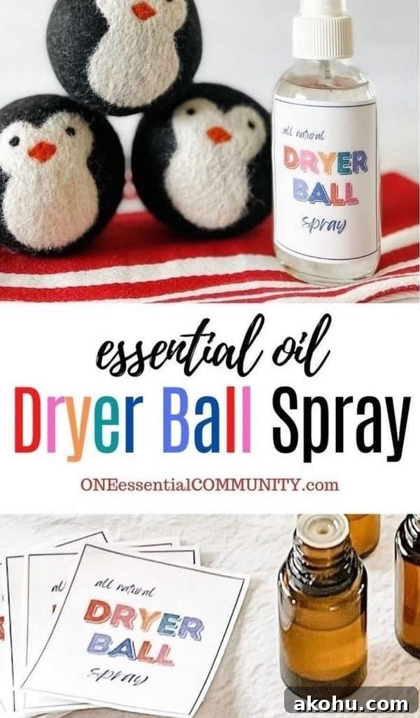 essential oil dryer ball spray by oneessentialcommunity.com -- penguin dryer balls next to dryer ball spray -- essential oil bottles next to free printable labels for all natural dryer ball spray