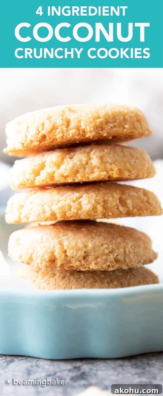 4-Ingredient Crispy Vegan Coconut Cookies 5 Vegan Coconut Cookies: an easy 4 ingredient recipe for crunchy, crispy vegan cookies packed with three kinds of coconut!