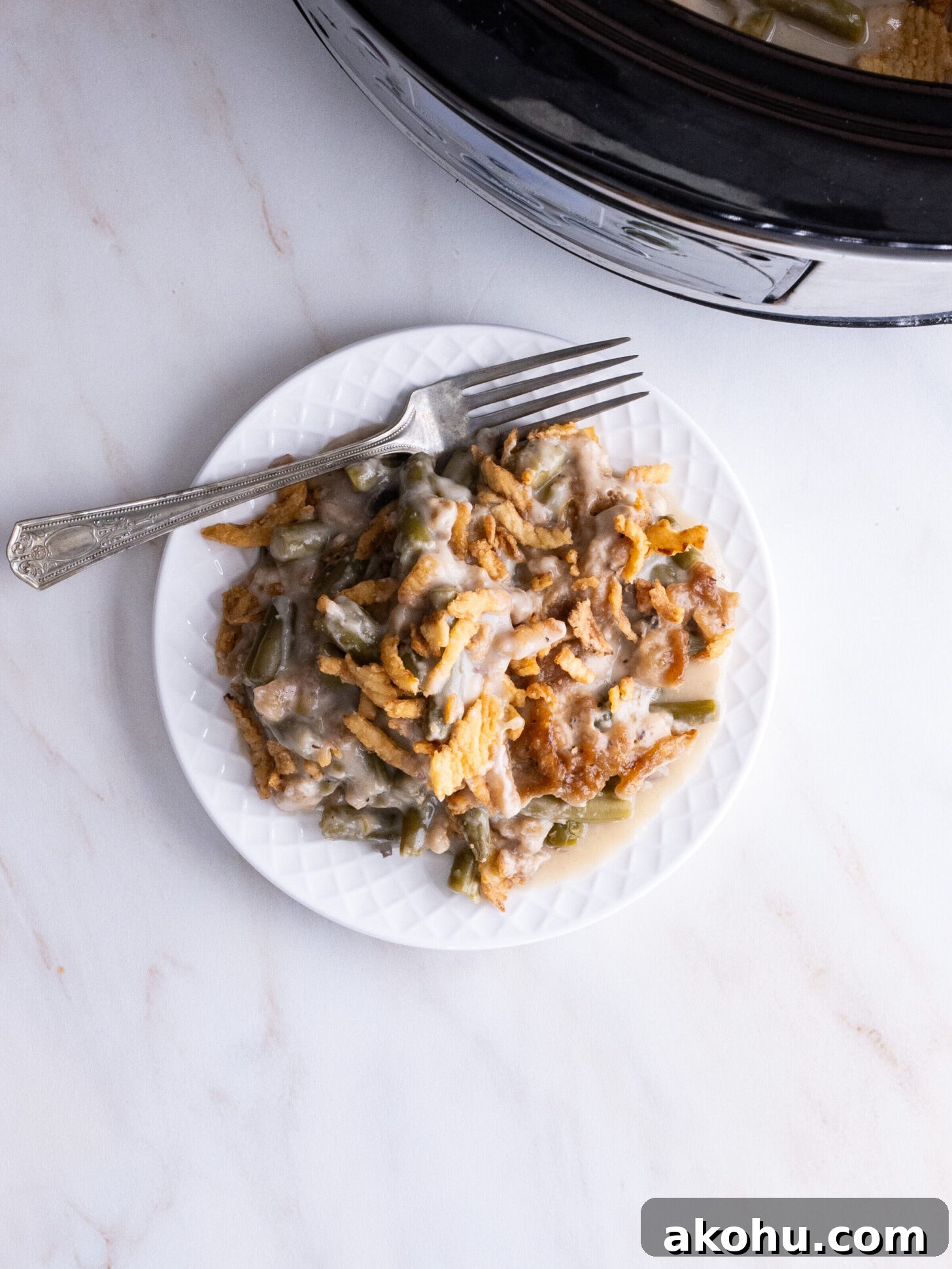 One serving of green bean casserole