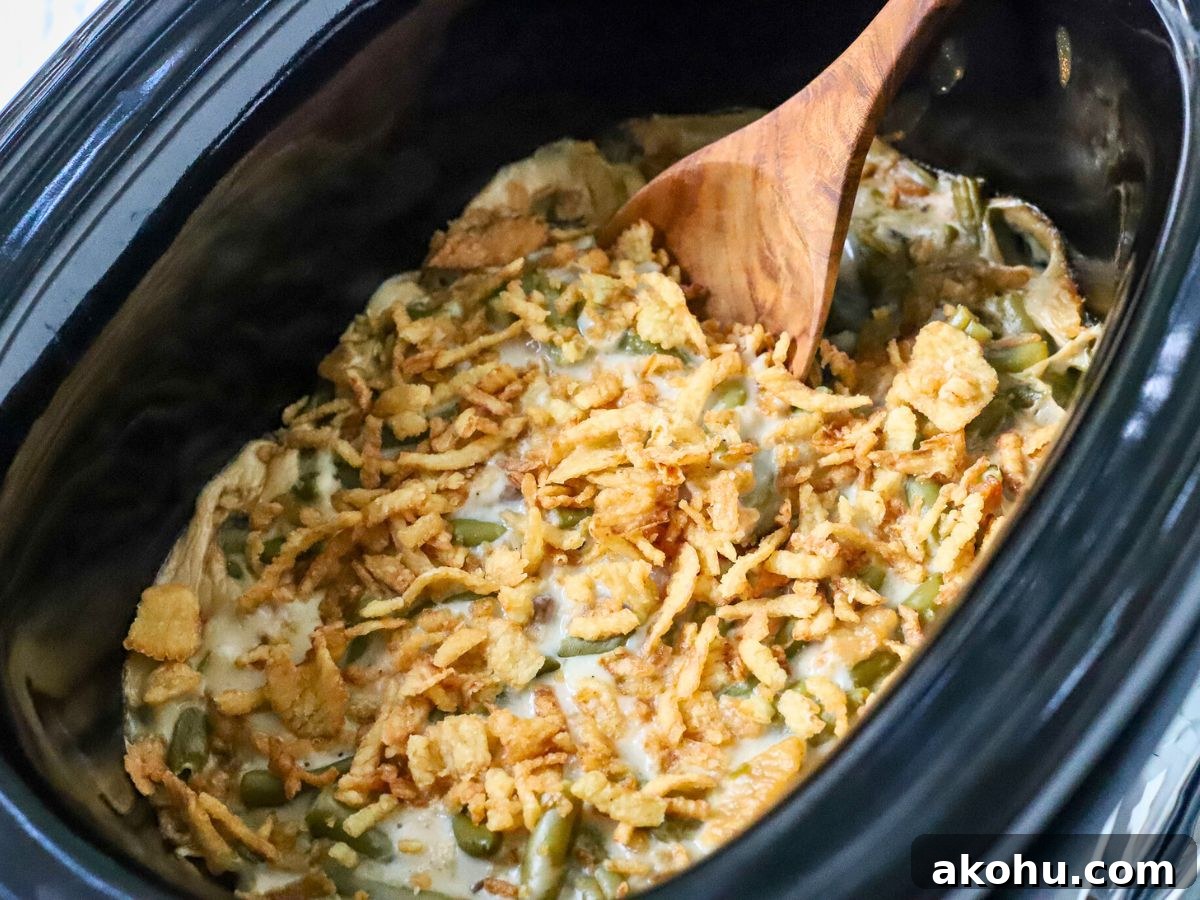 Green bean casserole in a slow cooker.