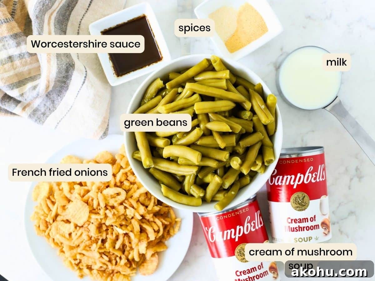 Ingredients to make a slow cooker green bean casserole.