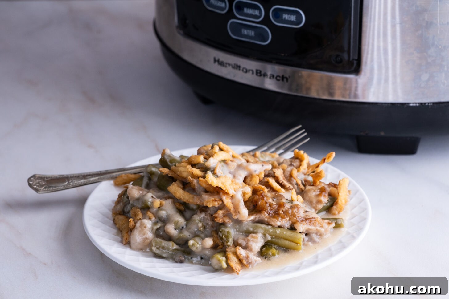 One serving of green bean casserole