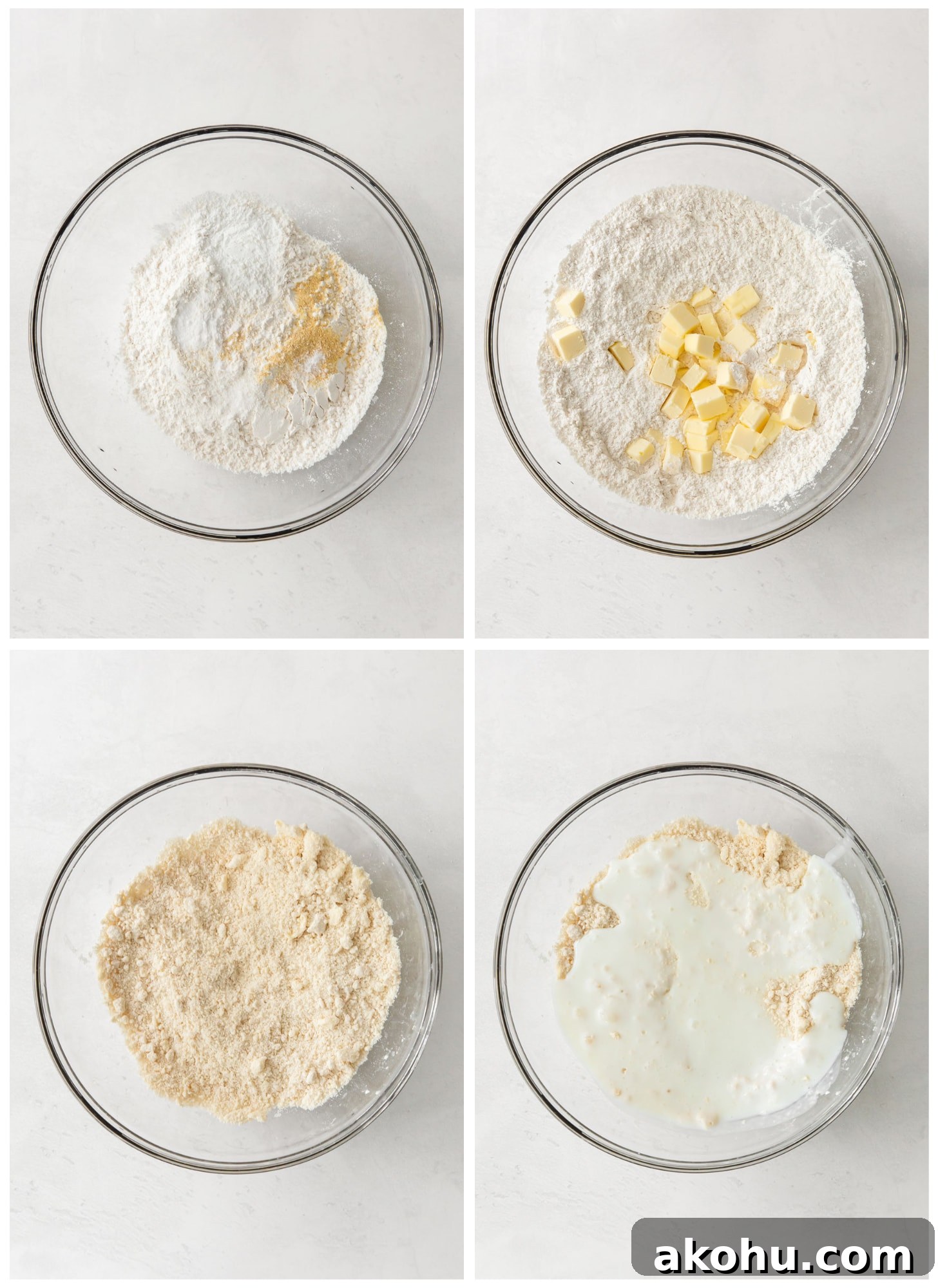 photo collage demonstrating steps 1 through 4 to make cheddar biscuits in a mixing bowl