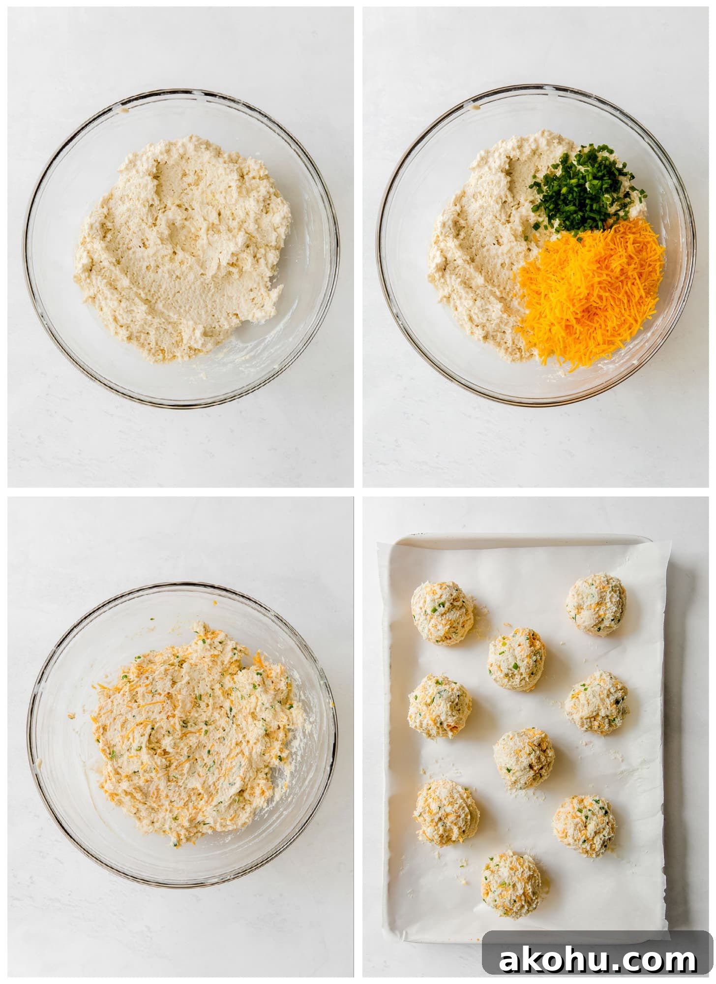 photo collage demonstrating steps 5 through 8 to make cheddar biscuits in a mixing bowl and dough dropped on baking sheet