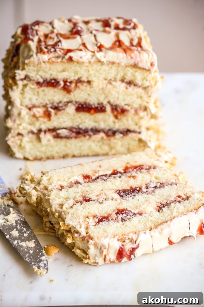 Peanut Butter and Jam Layer Cake Recipe 5 Small-batch, soft and tender butter cake layered with peanut butter frosting and strawberry jam