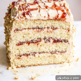 Peanut Butter and Jam Layer Cake Recipe 6 Small-batch, soft and tender butter cake layered with peanut butter frosting and strawberry jam