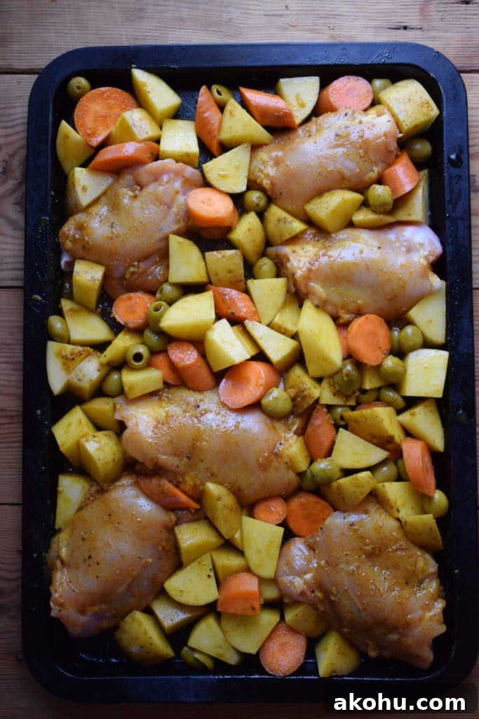Sheet pan chicken dinner ready to bake.