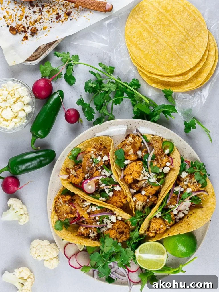 Chipotle Roasted Cauliflower Tacos with Smoky Lime Slaw 3 roasted chipotle cauliflower tacos with lime, radish, jalapenos in corn tortillas