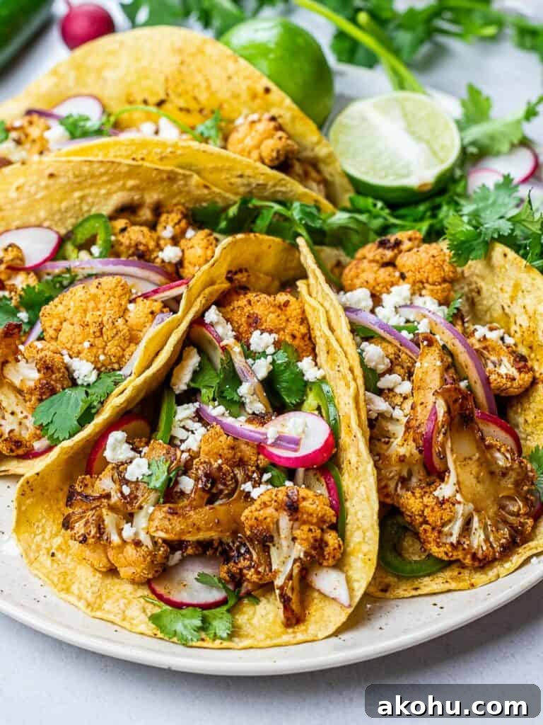 Chipotle Roasted Cauliflower Tacos with Smoky Lime Slaw 5 roasted chipotle cauliflower tacos with lime, radish, jalapenos in corn tortillas