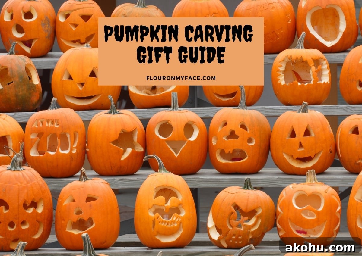 Ultimate Pumpkin Carving Gift Guide for Fall Enthusiasts 2 Rows of carved Halloween pumpkins on bleachers