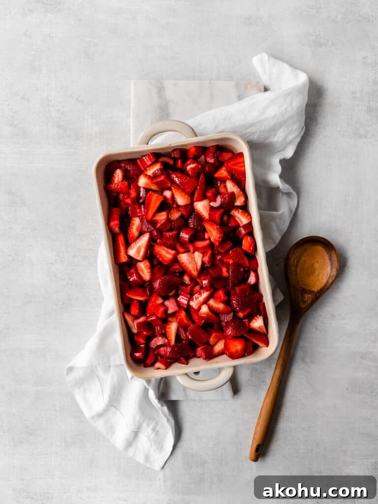 raw strawberry and rhubarb filling before being baked 