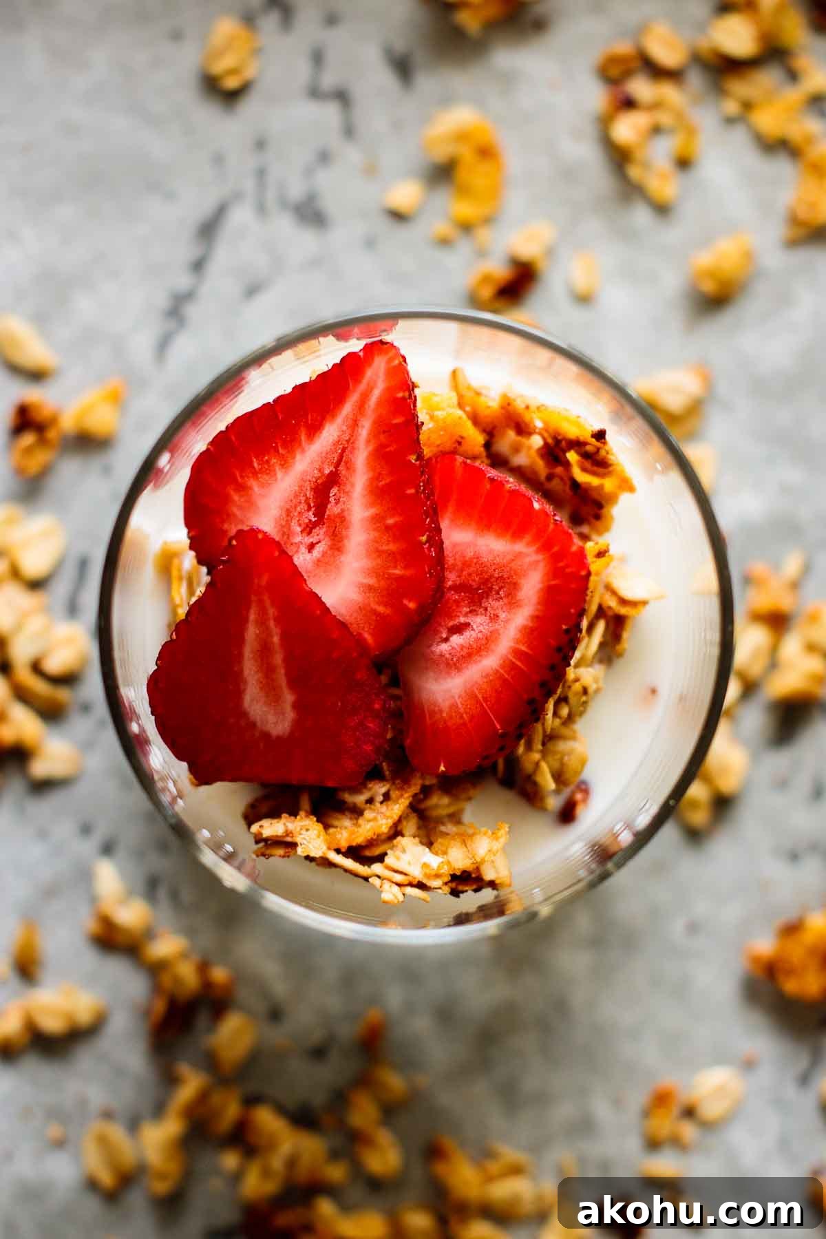 Crunchy Cornflake Granola Cereal Recipe for Breakfast 2 Cereal granola with strawberries and milk.
