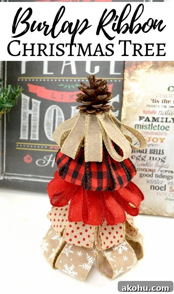 Burlap ribbon Christmas trees grouped together