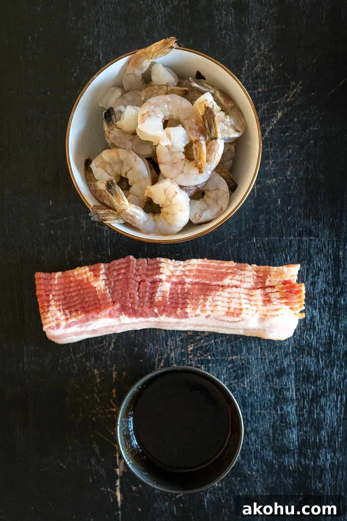 raw shrimp, bacon and glaze.