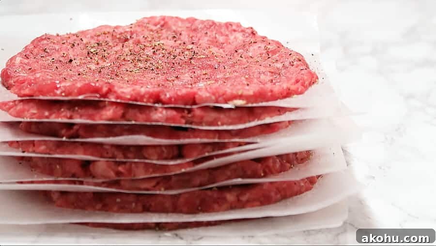 stack of beef patties between wax paper