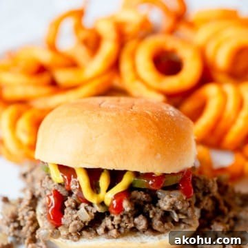 Maid Rite Sandwich topped with pickles, ketchup, and mustard, with fries in the background.