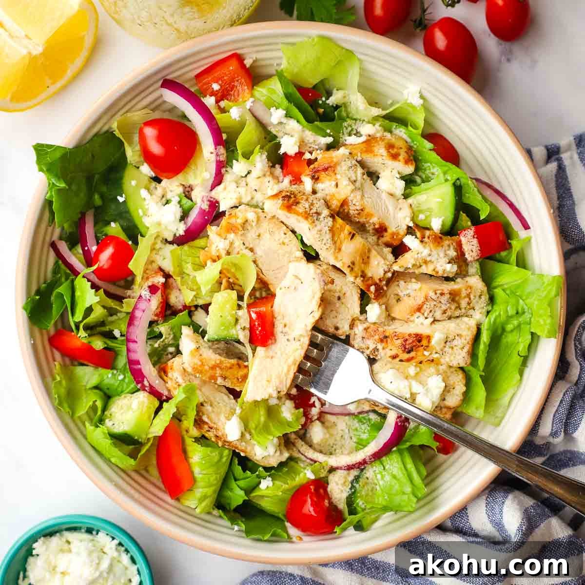 Greek Chicken Salad with Feta, Olives & Lemon Vinaigrette 10 overhead view of greek chicken salad
