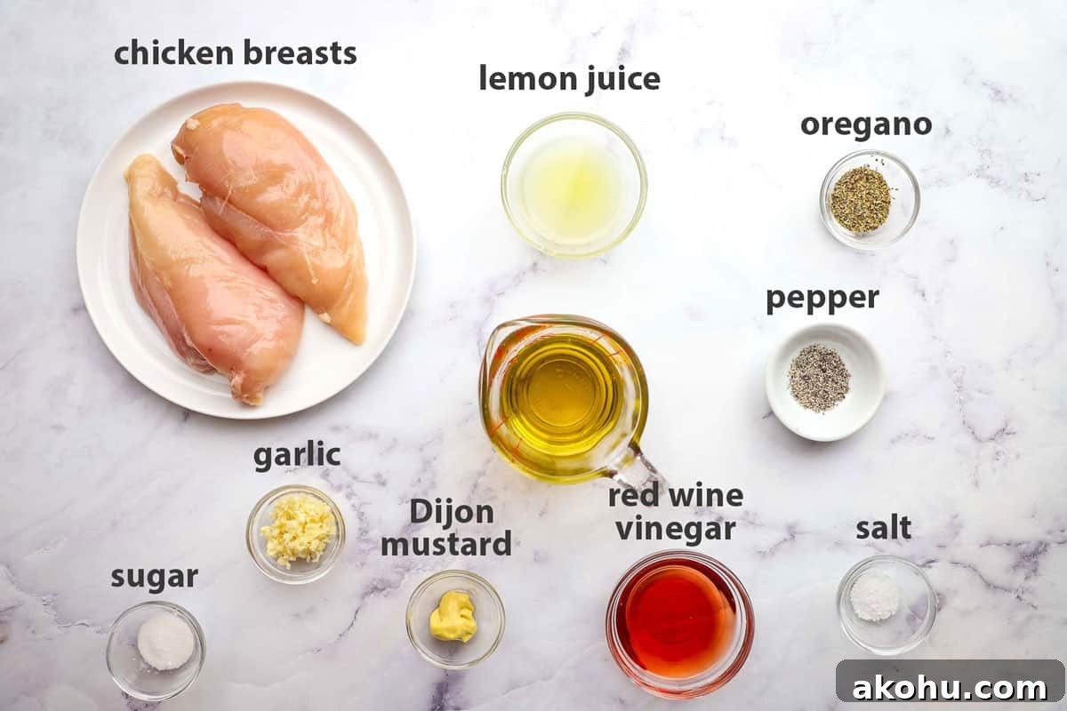 Greek Chicken Salad with Feta, Olives & Lemon Vinaigrette 3 ingredients listed for greek chicken salad marinade