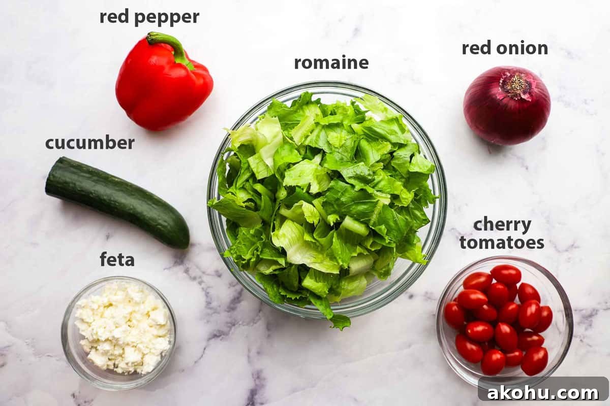 Greek Chicken Salad with Feta, Olives & Lemon Vinaigrette 4 ingredients pictures and labelled for greek chicken salad