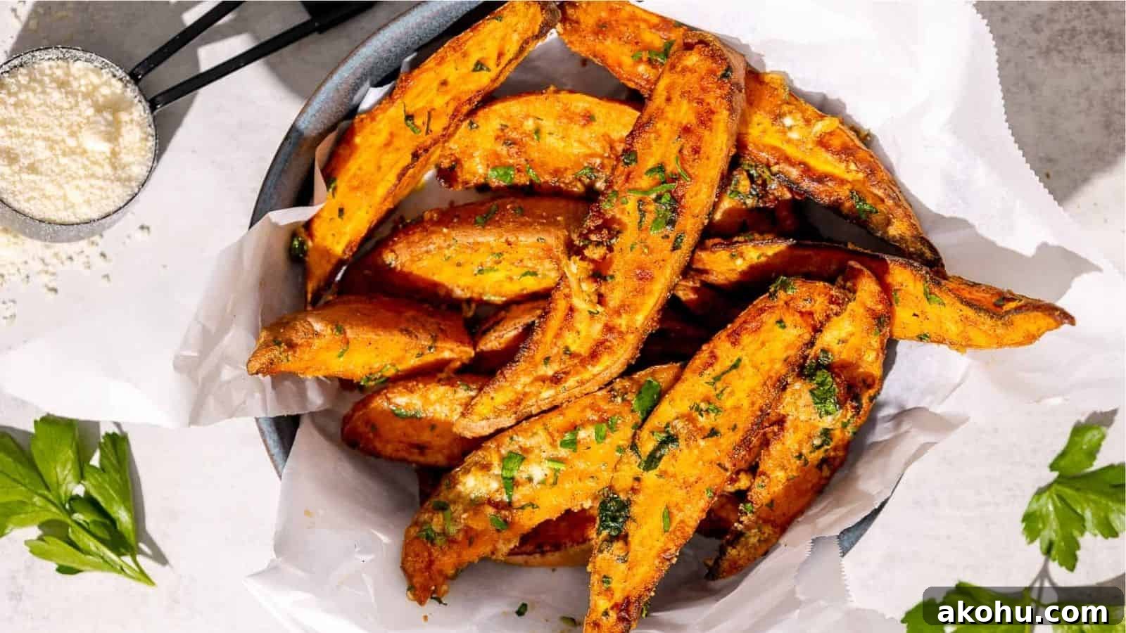 17 Golden, Crunchy Air Fryer Sides Everyone Will Love 6 Crispy Garlic Parmesan Sweet Potato Wedges