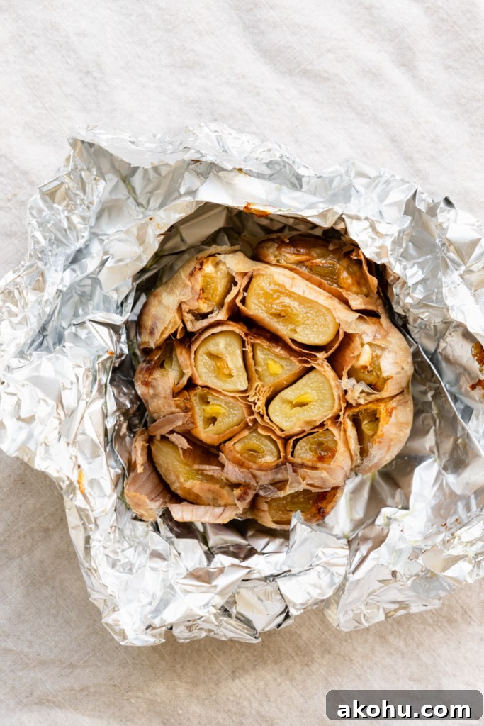 No-Knead Olive and Herb Artisan Bread Recipe 11 Overhead view of a roasted head of garlic unwrapped from aluminum foil.