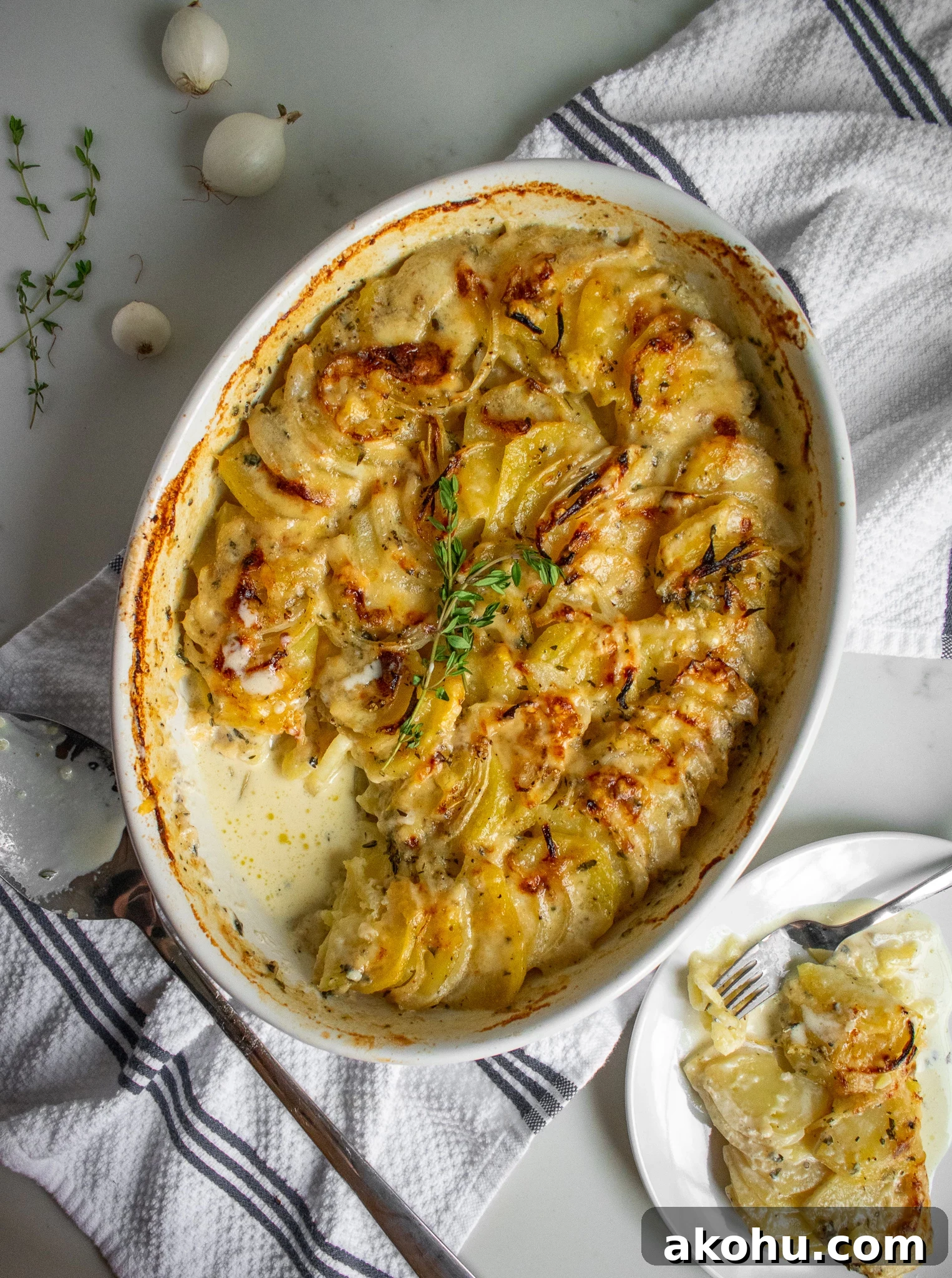 Danish creamy scalloped potatoes with onion and thyme.