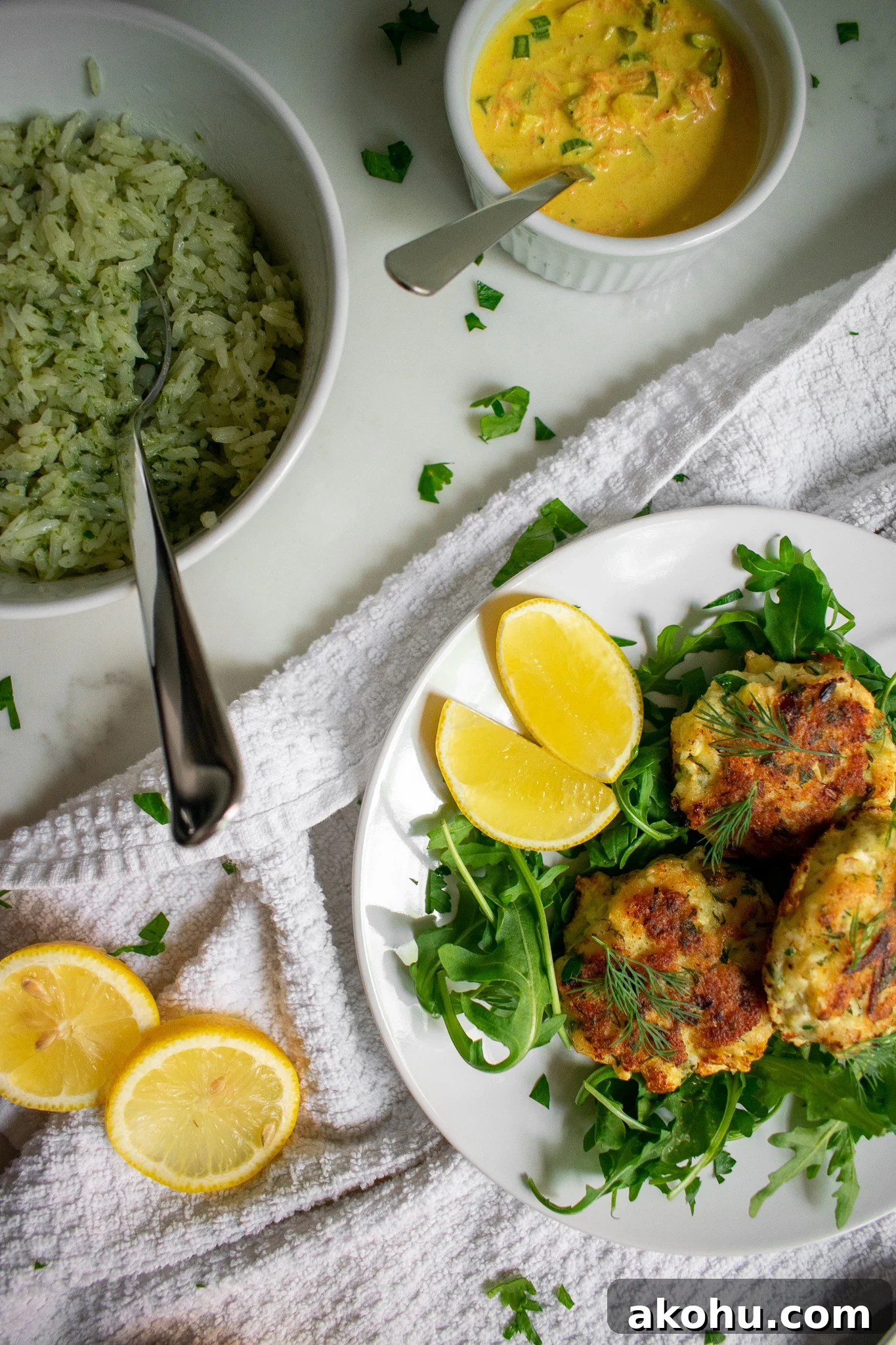 Fish cakes on a bed of greens with lemon wedges on the side and remoulade as a dipping sauce.