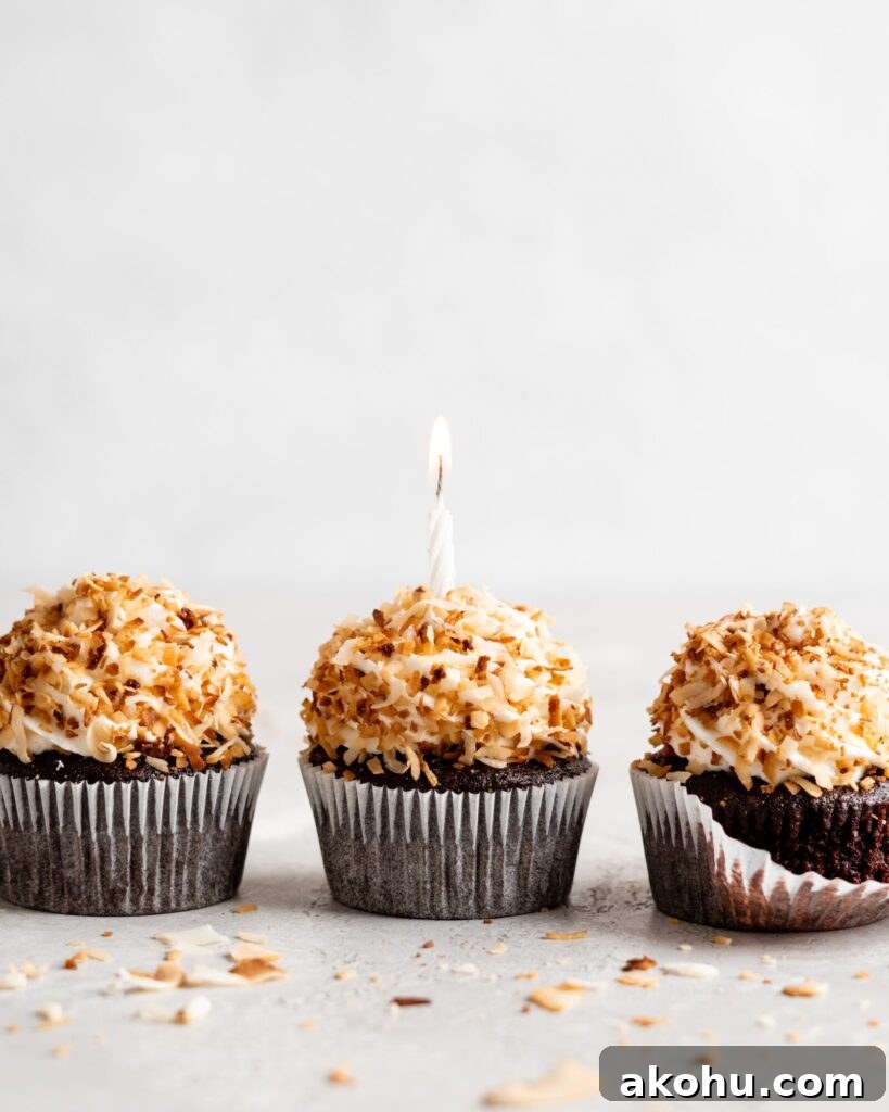 Toasted Coconut Chocolate Cupcakes Recipe with Crispy Topping 2 Chocolate coconut cupcakes are topped with a creamy coconut frosting and toasted coconut