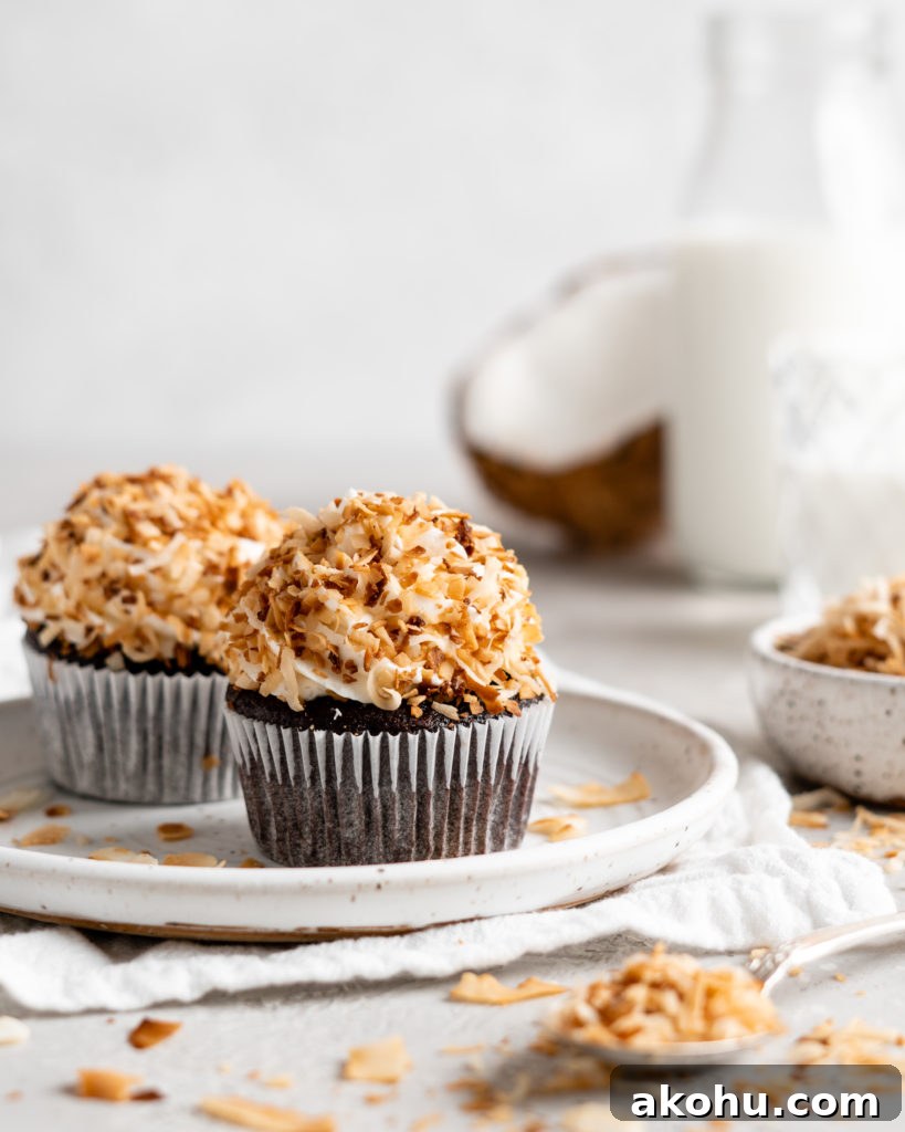 Toasted Coconut Chocolate Cupcakes Recipe with Crispy Topping 3 Chocolate coconut cupcakes are topped with a creamy coconut frosting and toasted coconut