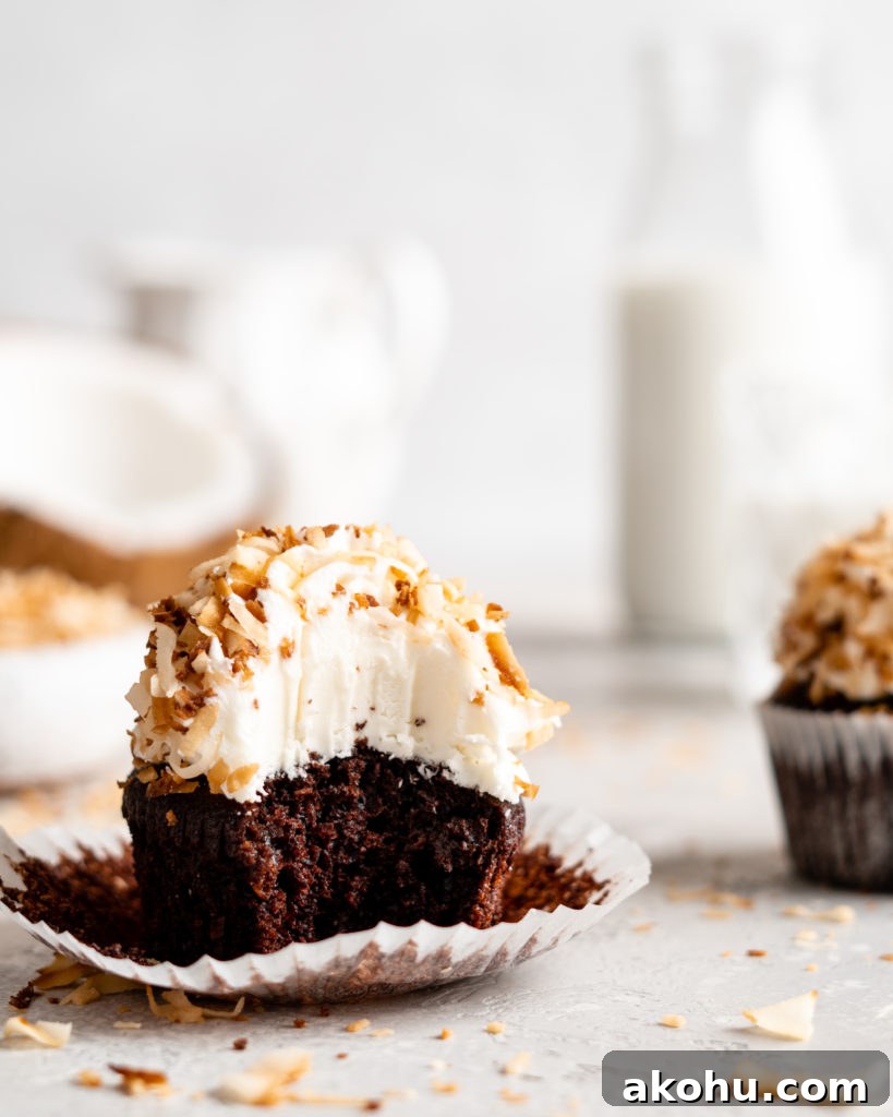 Toasted Coconut Chocolate Cupcakes Recipe with Crispy Topping 4 Chocolate coconut cupcakes are topped with a creamy coconut frosting and toasted coconut