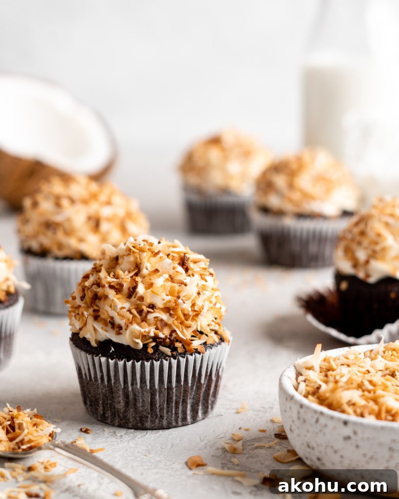 Toasted Coconut Chocolate Cupcakes Recipe with Crispy Topping 5 Chocolate coconut cupcakes are topped with a creamy coconut frosting and toasted coconut
