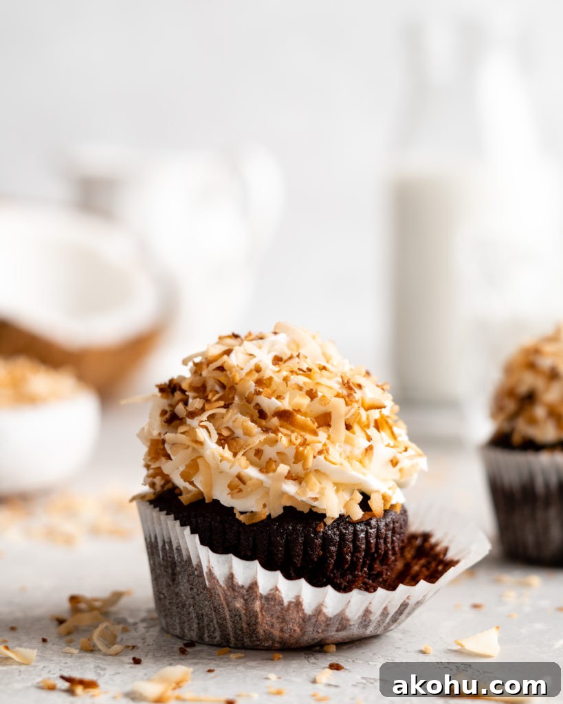Toasted Coconut Chocolate Cupcakes Recipe with Crispy Topping 6 Chocolate coconut cupcakes are topped with a creamy coconut frosting and toasted coconut
