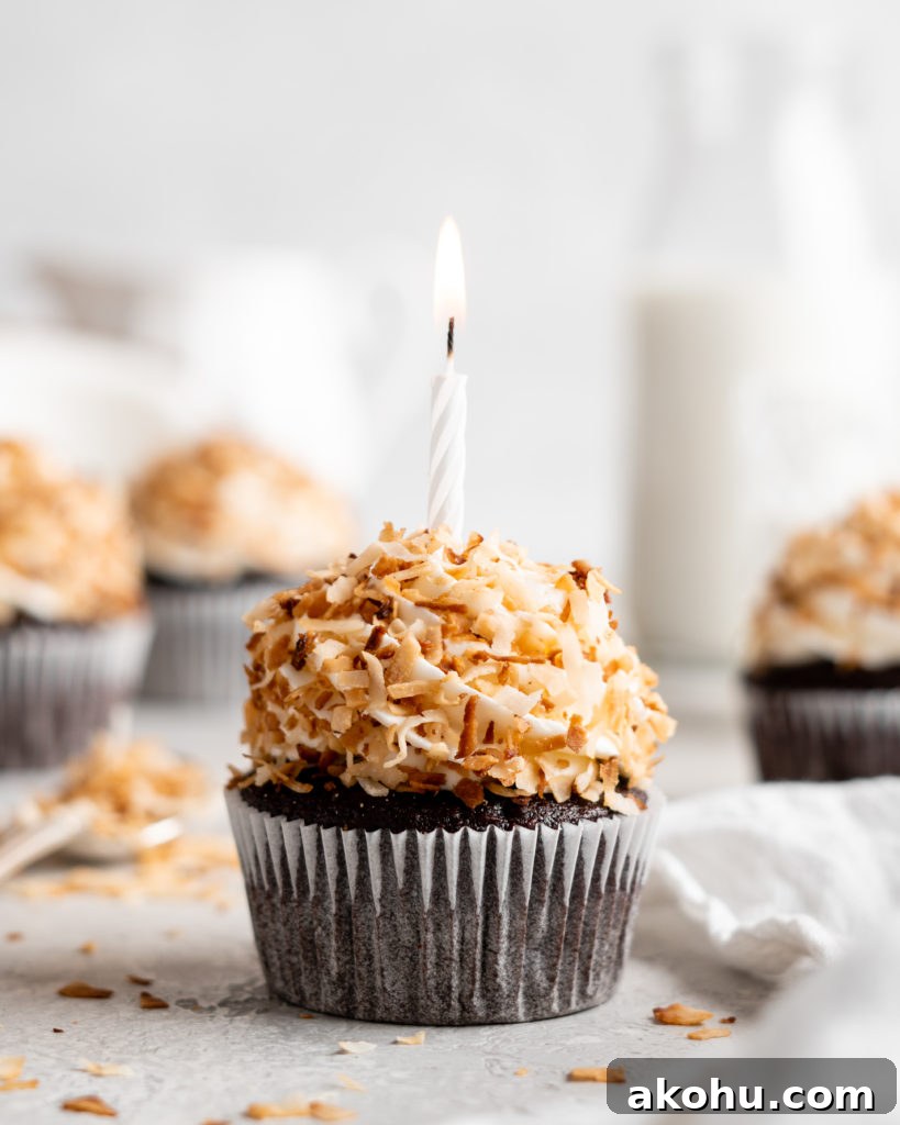 Toasted Coconut Chocolate Cupcakes Recipe with Crispy Topping 7 Chocolate coconut cupcakes are topped with a creamy coconut frosting and toasted coconut
