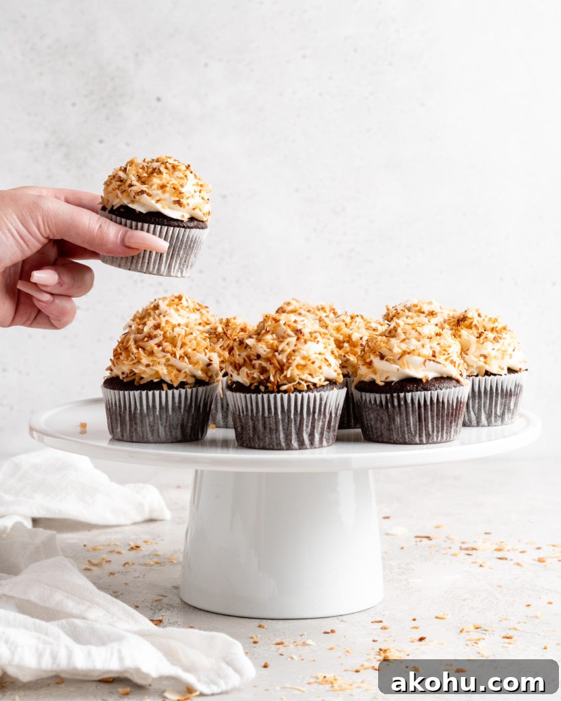 Toasted Coconut Chocolate Cupcakes Recipe with Crispy Topping 8 Chocolate coconut cupcakes are topped with a creamy coconut frosting and toasted coconut