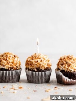 Toasted Coconut Chocolate Cupcakes Recipe with Crispy Topping 9 Chocolate coconut cupcakes are topped with a creamy coconut frosting and toasted coconut