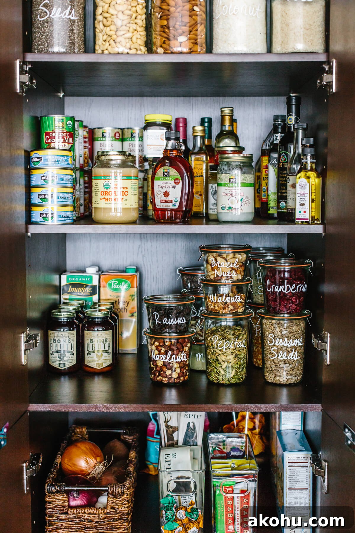 Jars and cans in a pantry.