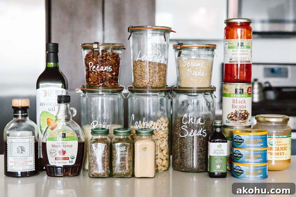 Pantry staples on a kitchen countertop.