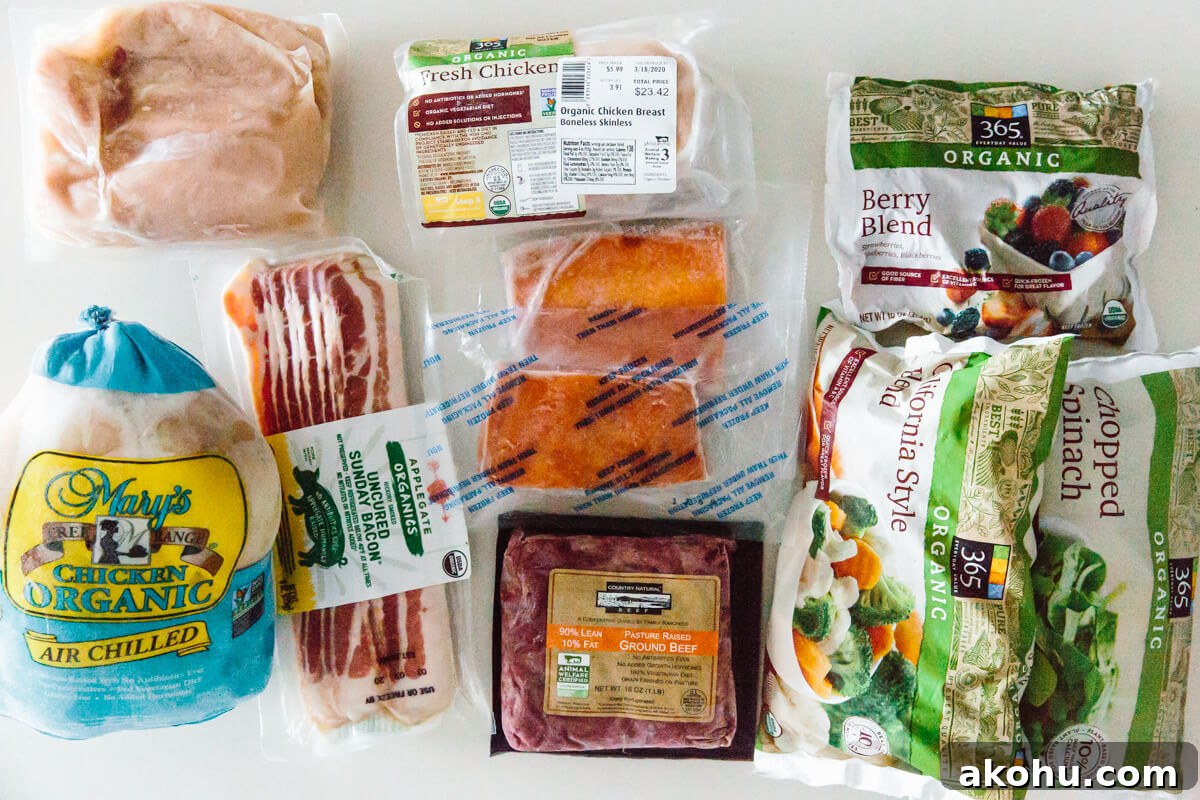 Freezer staples on a kitchen counter.