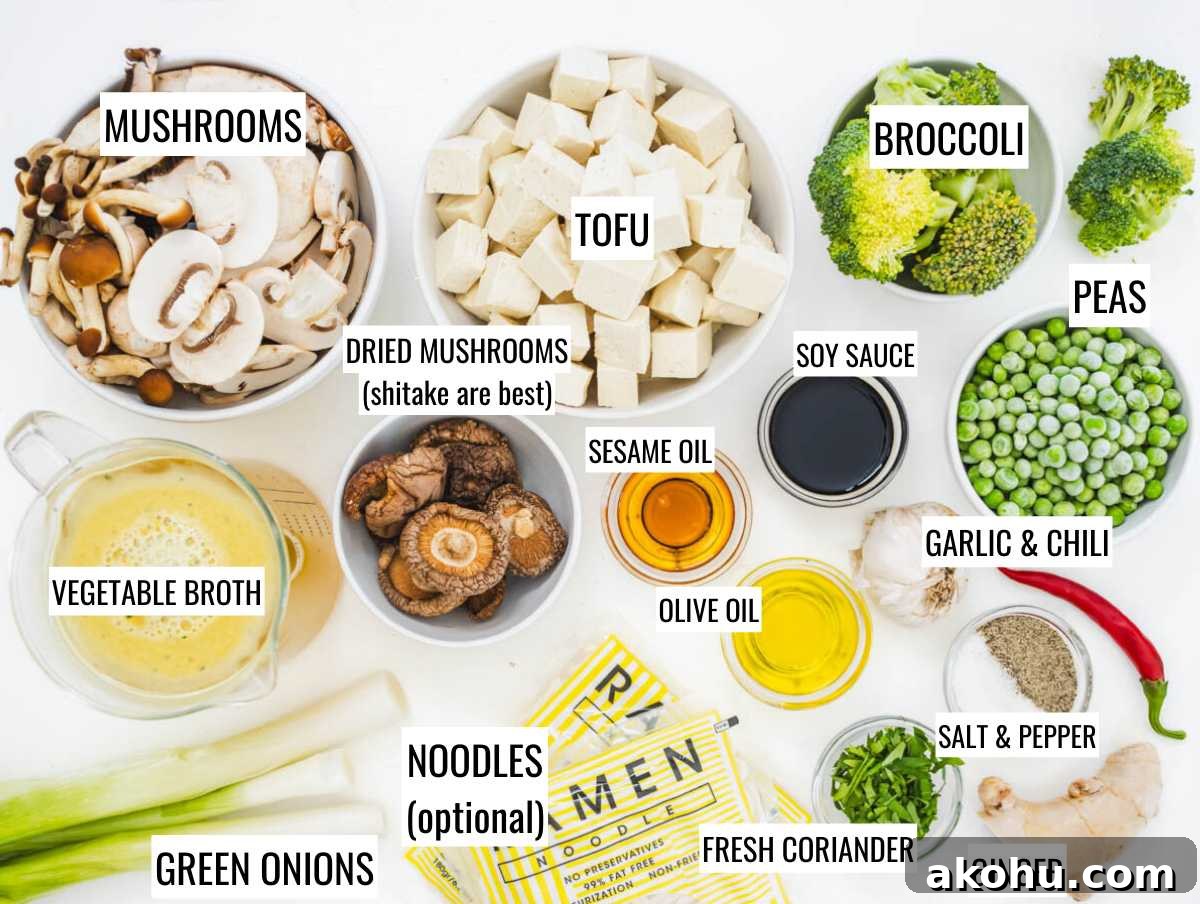 Ingredients for tofu soup on a table.