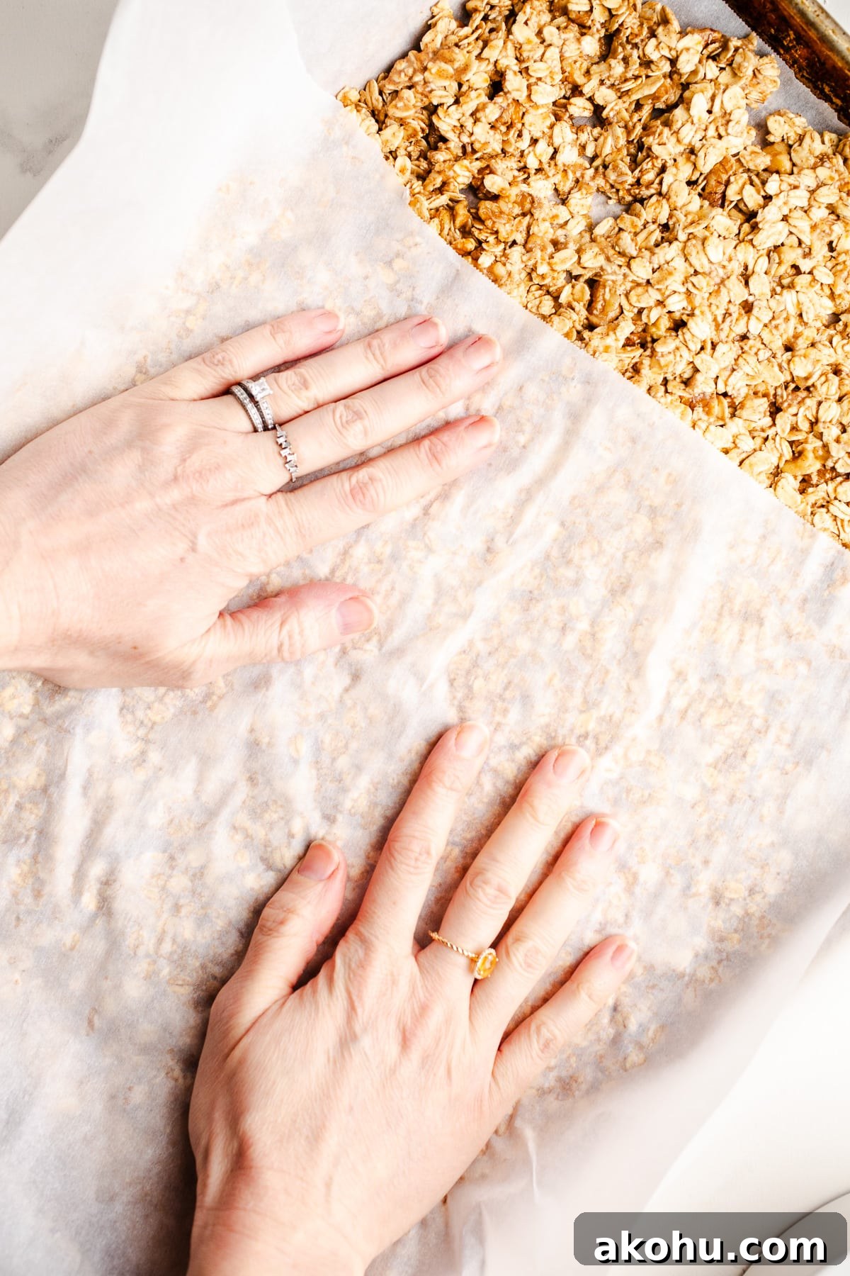 Banana Bread Granola Recipe: Crunchy, Cinnamon-Maple Cluster 8 Oats pressed into a baking pan.