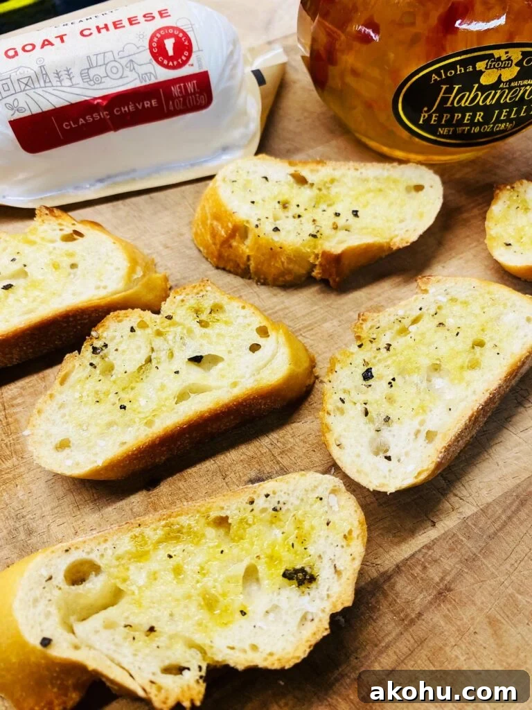 Spicy Pepper Jelly Goat Cheese Crostini Recipe 6 ready to top the crostini
