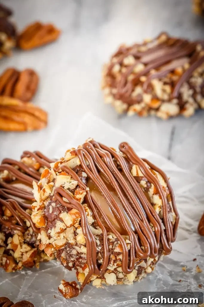 21 Christmas Cookies That Aren’t Cut-Outs: Festive Cookie Recipes 3 These turtle thumbprint cookies are amazing! Rich chocolate cookies rolled in chopped pecans, topped with salted caramel sauce and drizzled in chocolate!