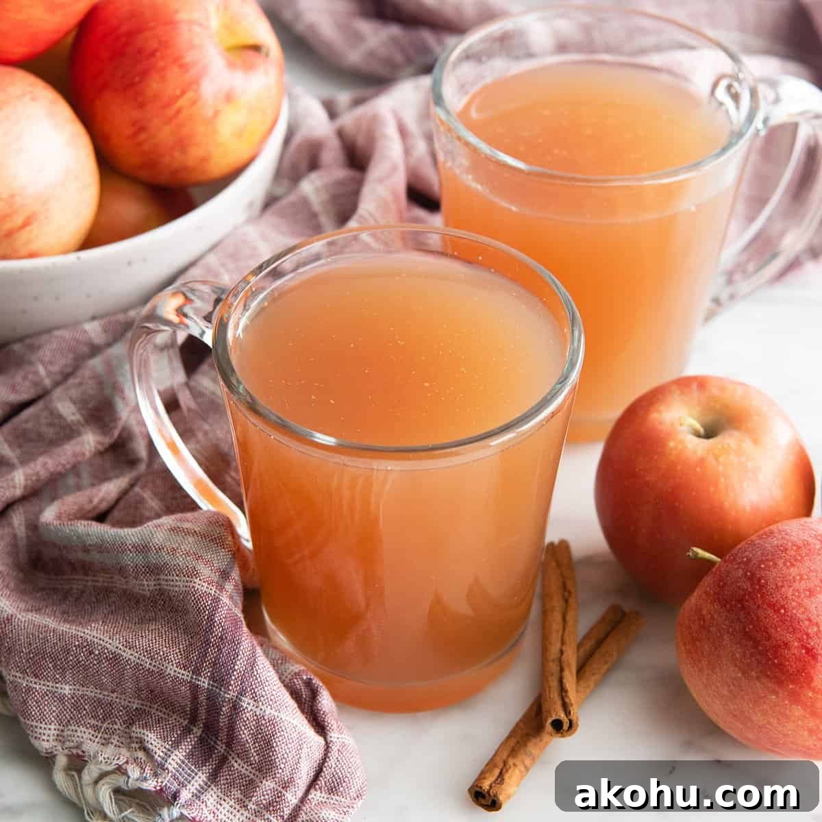 two glass mugs filled with Apple Cider surrounded by apples, cinnamon sticks and a red plaid towel