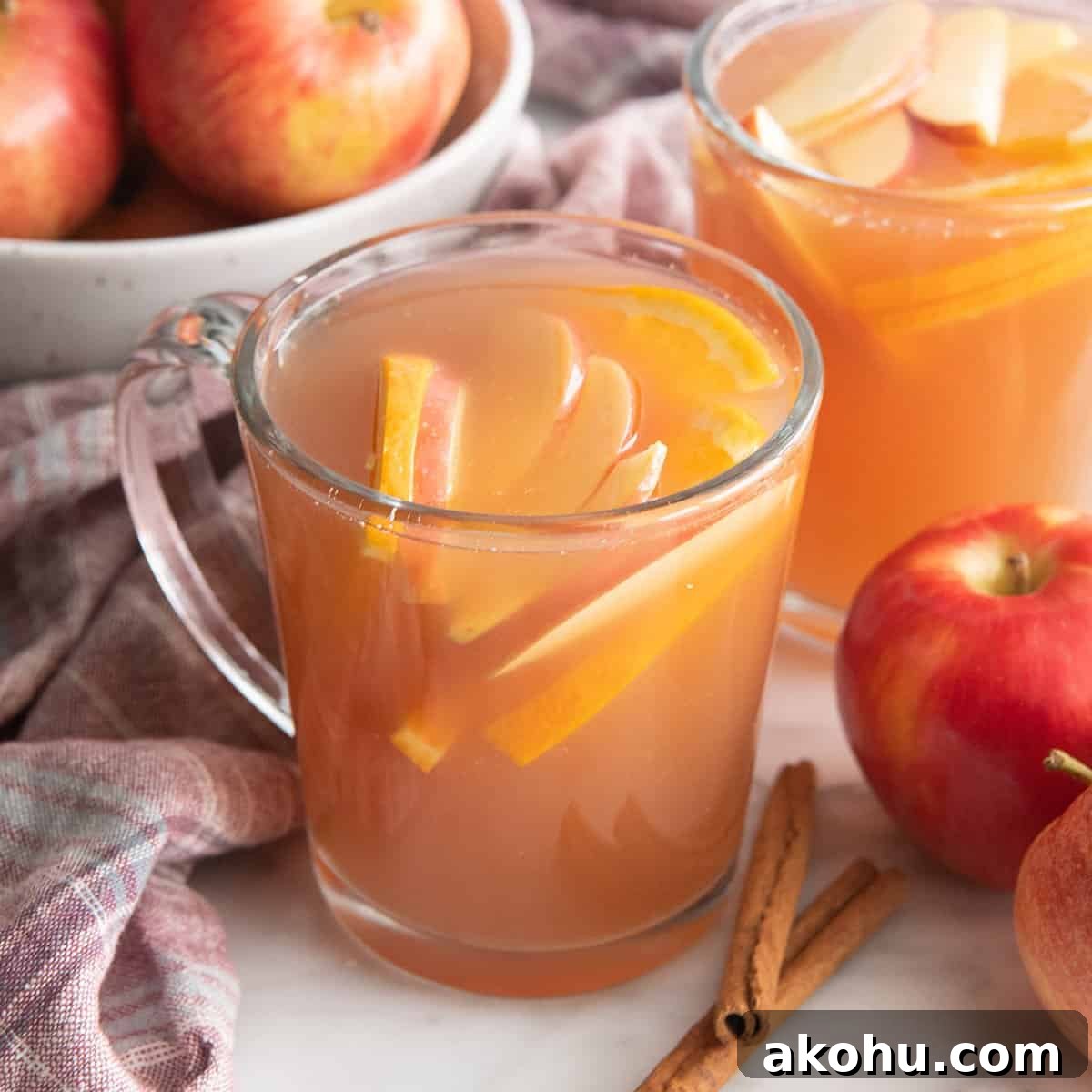 two glass mugs filled with Apple Cider and orange and apple slices surrounded by apples, cinnamon sticks and a red plaid towel