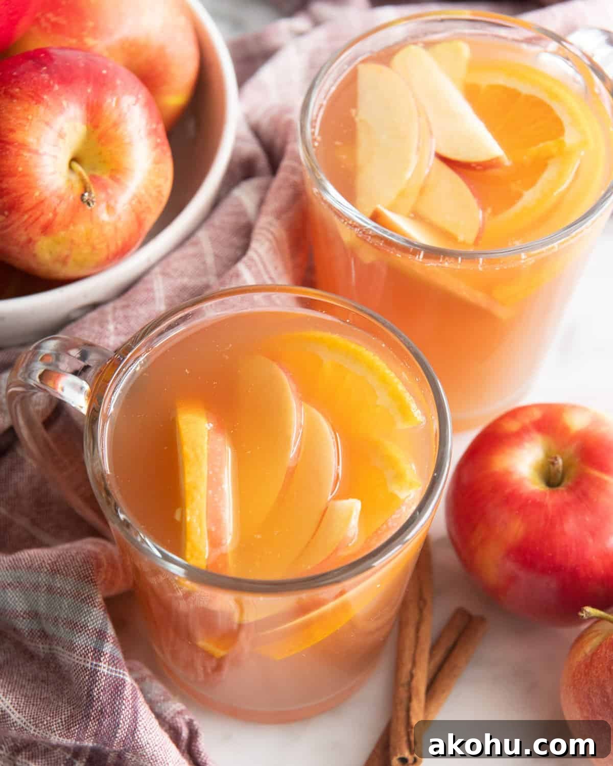 two glass mugs filled with Apple Cider and orange and apple slices surrounded by apples, cinnamon sticks and a red plaid towel